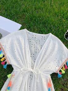SHEIN LMoss Kids 少女度假休閒流蘇裝飾抽繩腰身洋裝 - 白色 - 查看 6
