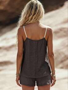 SHEIN Women's Woven Fashionable V-Neck Summer Halter Top Shorts Set For Vacation Two Pieces Set - Grey - View 2