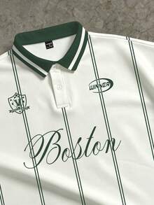 Manfinity ZONE917 Men's Casual Sports Daily Commute College Style Letter & Stripe Print Short Sleeve Polo Shirt, Summer - Green - View 3