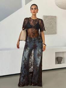 Lavishia Fashion Sexy Sheer Lace Dress - Brown - View 8
