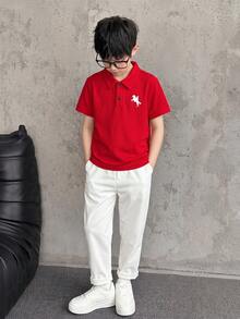 SHEIN 2件組兒童青少年男童橘色夏季字母圖案拼接圓領短袖鈕扣上衣休閒短褲運動套裝街頭風字母運動休閒款柔軟舒適適合戶外運動 - 橘色 - 查看 6