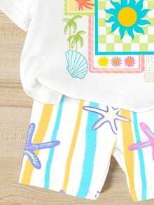 Tween Girl Tropical Print T-Shirt And Striped Shorts Set - Multicolor - View 3