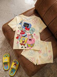 SpongeBob SquarePants | SHEIN 2pcs/Set Fun Casual Style Young Girl Crew Neck Short Sleeve T-Shirt And Shorts Comfortable Young Girls Loungewear Co-Branded - Multicolor - View 3