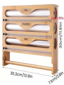 1 Roll Bamboo Cling Film Dispenser With Aluminum Foil Dispenser And Paper Towel Holder Space Saving Kitchen Wrap Organizer Rack For Kitchen Counter Drawer Back To School Season Durable Rust Proof Easy Cut Slider - Multicolor - View 3