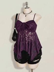 SHEIN ICON Plus Size Women's Lace Lace-Up Ruffle Sexy Versatile Date Night Out Cami Top - Purple - View 4