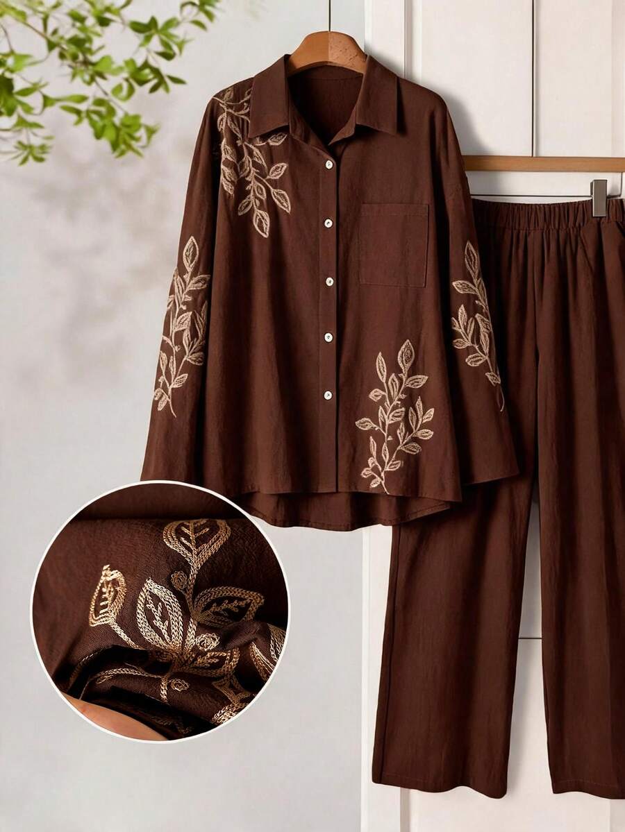 Rusticease 日常休閒葉子刺繡前扣長袖襯衫與長褲 - 棕色 - 查看 1