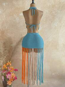 Soleia New Back To School Casual Vacation Western Beach Wedding Guest Outfit Graduation Brunch Women's Clothing St. Patrick's Day Spring Break Easter Music Festival Elegant Bohemian Tropical Elegant 3D Crochet Sexy Deep V-Neck Fringe Women's Sweater Dress - Multicolor - View 2
