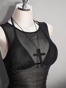 SHEIN ICON 女款大尺碼性感透視網紗連身內衣 - 黑色 - 查看 5