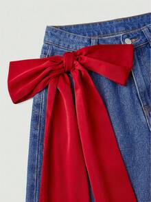 SHEIN MOD Plus Size Women's Zipper Fly Side 3D Bow Decor Loose Wide Leg Jeans - Blue - View 4