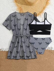 SHEIN 青少年女孩夏季海灘度假風蝴蝶結條紋印花抽繩腰部和服式罩衫與兩件式比基尼 3 件套裝 - 黑與白 - 查看 2