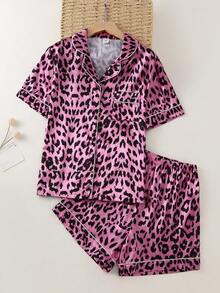 Teen Girls Classic Leopard Print Collar Short Sleeve Shorts Comfortable 2 Pieces Pajama Loungewear Set - Multicolor - View 6