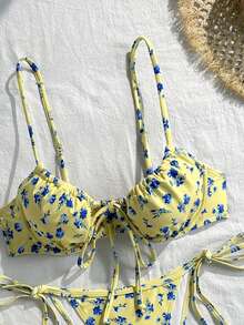 Swim Mod Conjunto de bikini con soporte de busto y cordones laterales para mujer, estampado floral menudo, para vacaciones de primavera/verano - Multicolor - Ver 4