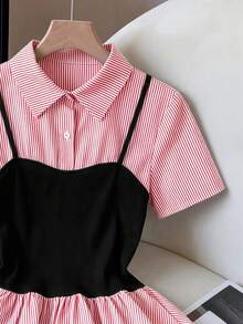 GlowEve Camisa de moda 2 en 1 para mujer con bloques de color, rayas, manga corta, volantes y botones delanteros, adecuada para vacaciones de primavera/verano, casual, ir al trabajo, uso diario versátil - Rojo - Ver 5