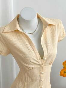 Elamini Women's V-Neck Vintage Elegant Mushroom Button Textured Jacquard Casual Vacation Cinched Waist Blouse Dinner Date White Summer - Light Yellow - View 4