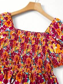 Linhara Square Neck Petal Sleeve Vintage Ditsy Floral Waist-Cinching Plus Size Shirt - Multicolor - View 4