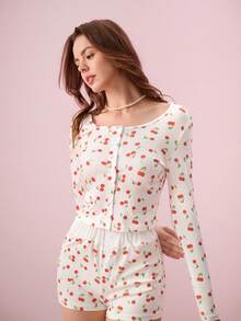 Bonmuse 2件套女士优雅罗纹樱桃印花开衫长袖上衣和短裤睡衣套装，春夏款 - 白色 - 查看 5