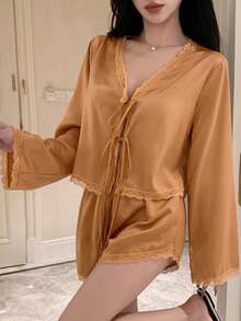 DAZY Romantic Lace Patchwork Satin Lace-Up Top & Ultra Short Shorts 2pcs Women's Pajama Set - Orange - View 5