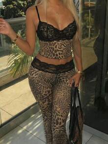 SHEIN SXY Summer Sexy Lace Patchwork Animal Print Cropped Camisole Flare Pants Club Night Out Party Beige Leopard Print - Multicolor - View 1