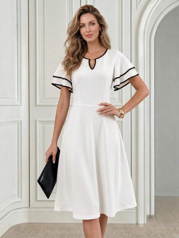 Women's Summer Elegant Contrast Trim Keyhole Neckline Ruffle Sleeve Dress,,Summer Dress,Going Out Dress,White Dress