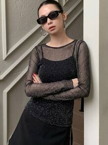 FRIFUL Women's Round Neck Long Sleeve Shiny Mesh Fitted Blouse Sheer,Fall Women Clothes - Black - View 10