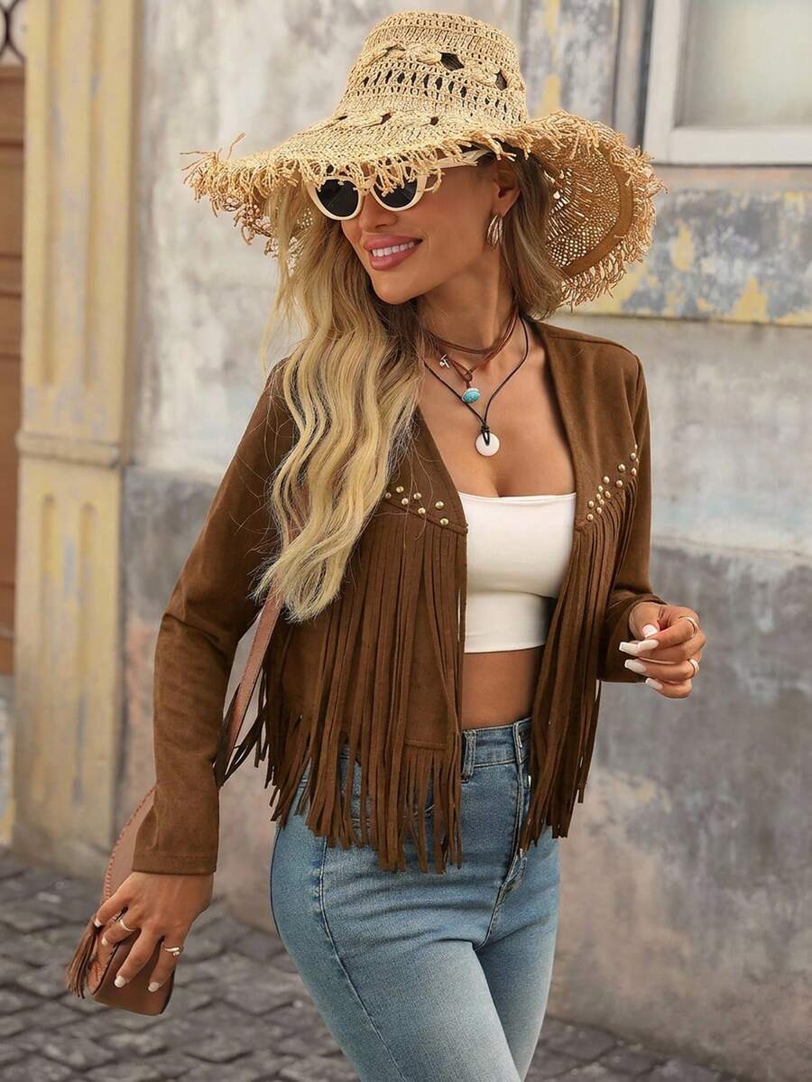 Brillora Chaqueta de mujer de unicolor con ribete de flecos y apertura frontal para otoño/invierno