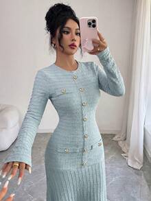Modelyn 优雅长款酒红色椭圆领连衣裙，适合女士冬季外出穿着 - 藍色 - 查看 3