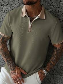 Manfinity CasualCool 男士夏季休閒度假日常通勤拼色條紋印花紋理面料半拉鍊 Polo 衫 - 綠色 - 查看 1