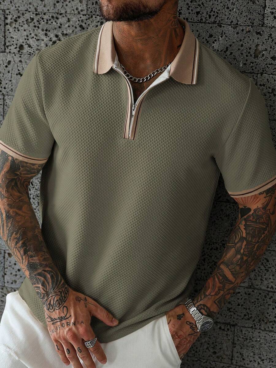 Manfinity CasualCool 男士夏季休閒度假日常通勤拼色條紋印花紋理面料半拉鍊 Polo 衫 - 綠色 - 查看 1