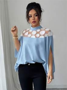 Elenzga Blusa de mujer de moda casual con patrón 3D, parche de malla, manga dividida y cuello alto, adecuada para primavera, verano y otoño - Celeste - Ver 5