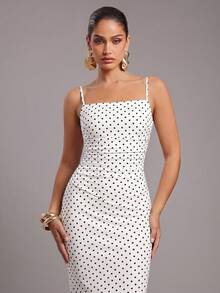 Silquee Women's Contrast Color Polka Dot Print Spaghetti Strap Midi Dress - White - View 4