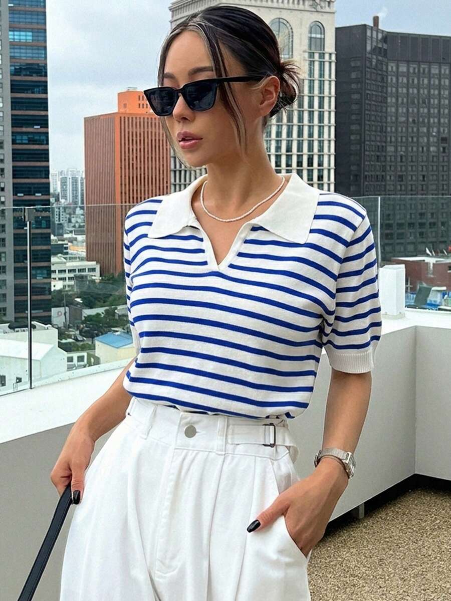 DAZY 條紋 Polo 領短袖休閒春夏女款針織上衣 - 藍色 - 查看 1
