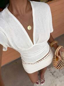 Aloruh Apricot Deep V Ruched Short Sleeve Tight Fitted Women T-Shirt - White - View 4