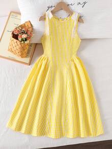 Vestido largo de princesa para niñas, estilo dulce y elegante, con lazo 3D, amarillo, suave y amigable con la piel, sin mangas, cuello cuadrado, cintura ceñida, para fiesta de cumpleaños, boda, temporada de actuaciones, ocasiones especiales y vacaciones, primavera-verano, nuevo - Amarillo - Ver 3
