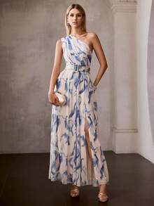 MOTF Soiréza ELEGANT WOMEN'S SLEEVELESS ONE SHOULDER MAXI PARTY GOWN WITH DETACHABLE BELT, CHEST RUCHED DETAILING, FOR EDGY SOPHISTICATION FOR VALENTINE'S DAY, EVENING GALAS, WEDDING GUEST ATTIRE, ANNIVERSARY CELEBRATIONS, PROM NIGHTS, HOLIDAY BASHES, ELEGANT BIRTHDAY CELEBRATIONS - Dusty Blue - View 4