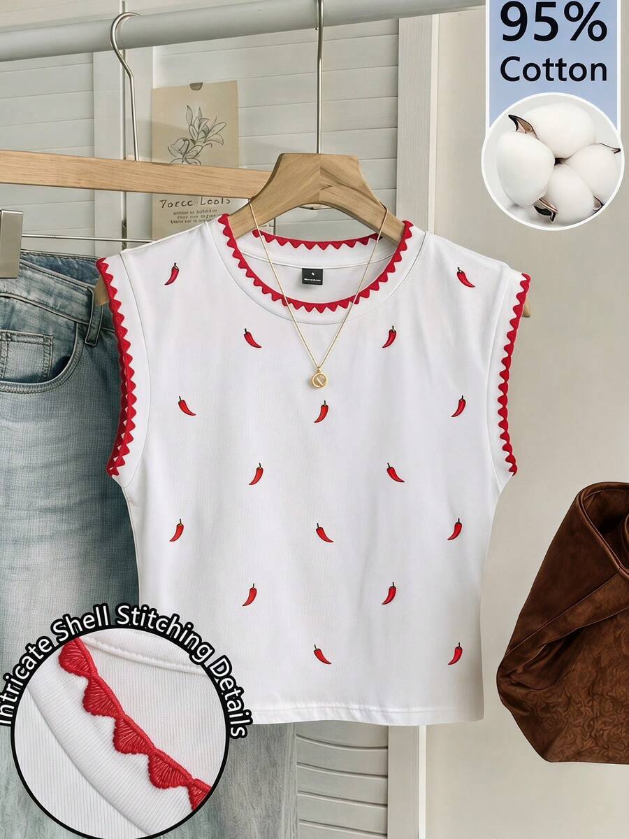 Tseoso 955cotton 女款白色背心,印有辣椒圖案 + 紅色貝殼刺繡;軟妹優雅 Y2K 風;適合上班、約會、春夏季、健身房、西部節慶 - 彩色 - 查看 1