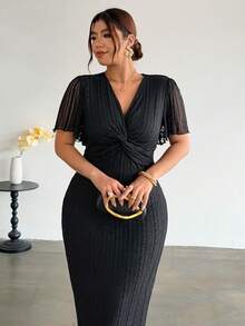 Firerie Vestido elegante de verano talla grande con nudo delantero y manga corta - Negro - Ver 2