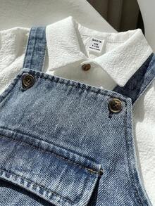 SHEIN 2件組嬰兒男童女童舒適休閒百搭可愛白色短袖上衣與牛仔吊帶連身褲套裝，適合春夏季，室內居家、戶外、日常、運動、玩耍、派對、攝影、度假、節日 - 藍色 - 查看 5
