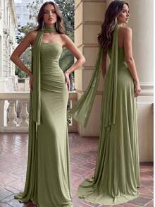 Aloruh Váy xòe đuôi cá xếp ly lưng thấp bằng vải chiffon màu xanh lá cây không dây định hình xương cá (Có thể tháo rời, mặc được nhiều lần) Váy xòe hở lưng thích hợp cho các buổi hẹn hò, kỳ nghỉ, đám cưới, mua sắm, hoạt động hàng ngày, váy phù dâu - màu xanh lá - Xem 2