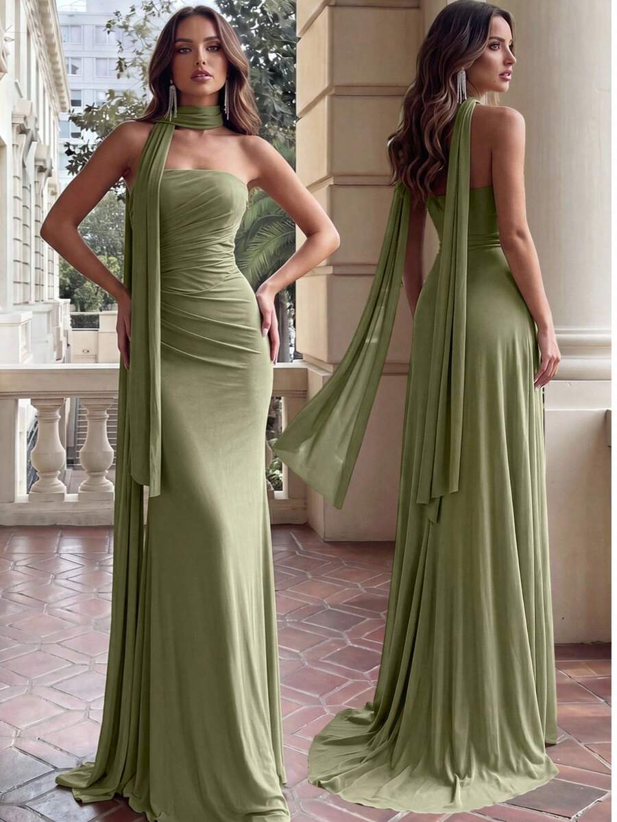 Aloruh Váy xòe đuôi cá xếp ly lưng thấp bằng vải chiffon màu xanh lá cây không dây định hình xương cá (Có thể tháo rời, mặc được nhiều lần) Váy xòe hở lưng thích hợp cho các buổi hẹn hò, kỳ nghỉ, đám cưới, mua sắm, hoạt động hàng ngày, váy phù dâu