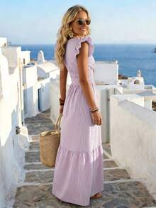 SHEIN PETITE Women's Striped Pattern Waist Pleated Ruffle Long Dress - Purple - View 2