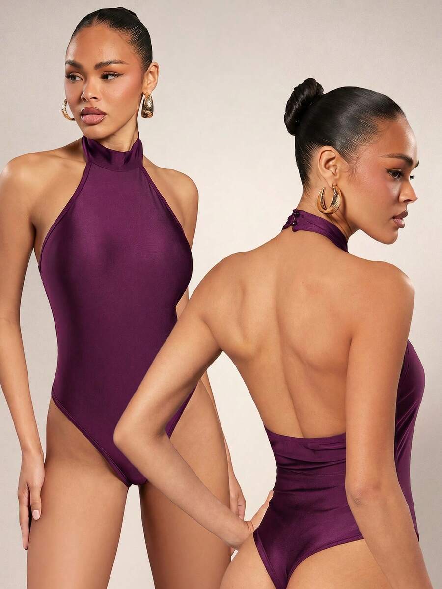 Hauture Women's Solid Color Halter Neck Sleeveless Backless Girly Bodysuit Club Night Plum Purple Summer - Purple - View 1