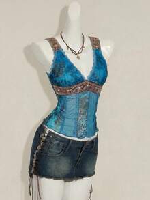 SHEIN ICON Áo tank top nữ ôm sát cổ chữ V màu nâu, phối ren họa tiết da báo, phong cách vintage Y2K thiên niên kỷ gợi cảm hot girl - Màu xanh lam - Xem 8