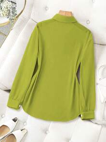 Franclia Basic Transparent Solid Color Minimalist Shirt With Turndown Collar Fall Cloth For Women - Green - View 2