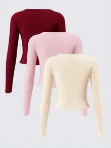 SHEIN BASICS 3件組純色針織長袖修身方領短版女款T恤，酒紅、淺粉、米色，秋季返校畢業校園風 - 彩色 - 查看 3