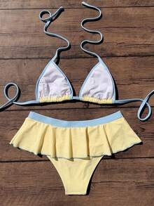 Elavelle Set Bikini Halter Warna Polos untuk Wanita, Cocok untuk Musim Semi dan Musim Panas - Kuning - View 3