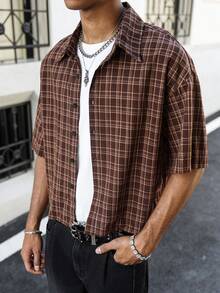 Manfinity Roghcode Men's Plus Size Summer Vintage Plaid Front Button Short Sleeve Shirt - Brown - View 5