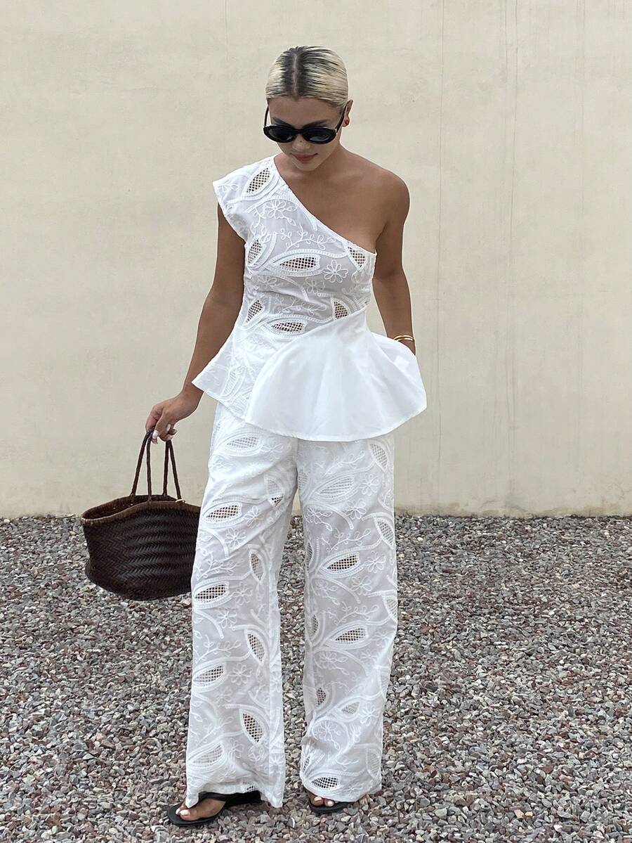 Livesso Women's Asymmetric Neckline Waist-Cinched A-Line Hollow Embroidery Top And Loose Long Pants 2 Pieces Set, Vacation Style Summer - White - View 1