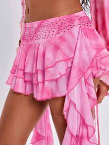 ROMWE Y2K Spring/Summer Vacation Sexy Wild Hot Gradient Print Waist Rhinestone Embellished Ruffle Hem Women's Mini Cake Skirt - Baby Pink - View 6