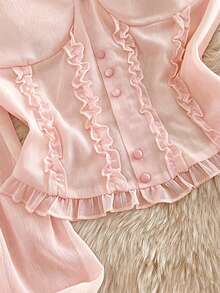 Resyla French Vintage Pink Ruffle Off-Shoulder Pearl Button Flared Sleeve Cropped Top - Baby Pink - View 3