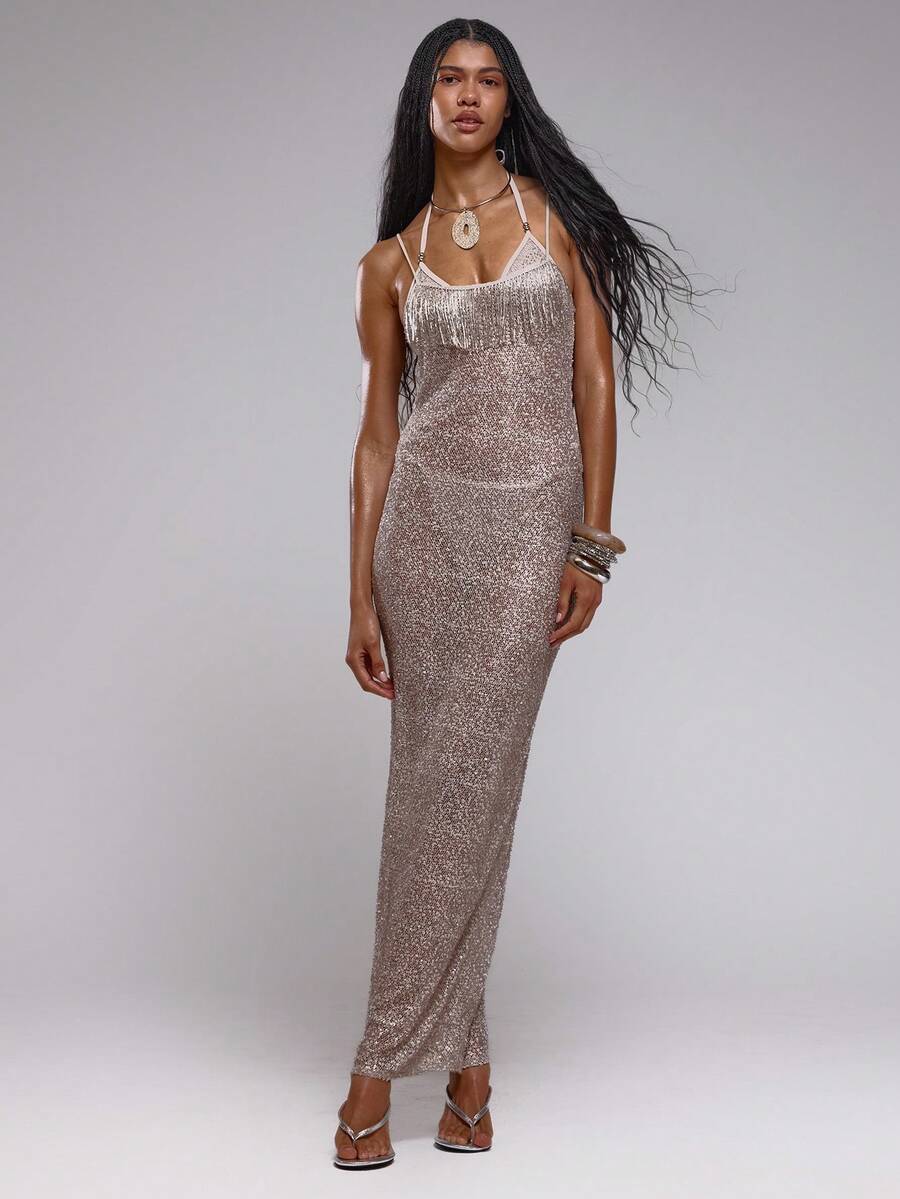 Musera Resort Fringed Detail Knit Rose Gold Maxi Dress With Thin Straps ...